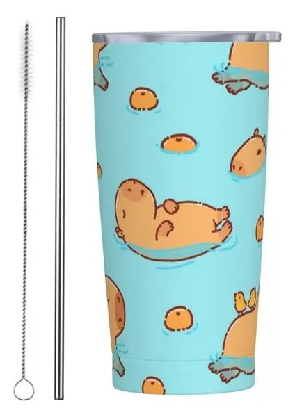 Çoklu 20 Oz Sevimli Kapibara Yüzme 20 Oz Tumbler Paslanmaz Çelik Çift Duvar Vakum Yalıtımlı Kawaii Capy Hayvan Kupa Bardak Samanlı Slayt Kapaklı (Yurt Dışından)
