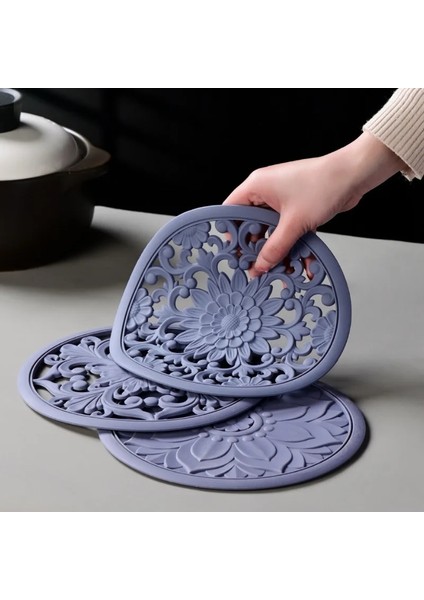 Mor 20 cm 3 Adet Yuvarlak Silikon Placemats Retro Içi Boş Oyma Yemek Masası Paspas Seti Masa Yemekleri ve Pot Tutucular Mutfak Sıcak Pedleri (Yurt Dışından)