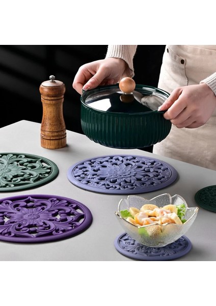 Mor 20 cm 3 Adet Yuvarlak Silikon Placemats Retro Içi Boş Oyma Yemek Masası Paspas Seti Masa Yemekleri ve Pot Tutucular Mutfak Sıcak Pedleri (Yurt Dışından) modelleri