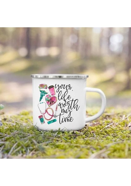 UXH207715-A015WH 360ML Hemşire Yaşam Baskı Kupalar Yaratıcı Kahve Fincanları Içecekler Tatlı Kahvaltı Süt Kupası Emaye Kupalar Kolu Drinkware Hemşire Için En Iyi Hediyeler (Yurt Dışından)