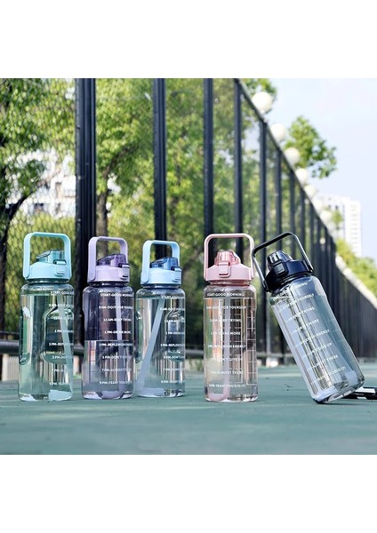 Pembe 2000 ml 2 Litre Spor Su Şişesi Samanlı Açık Erkek Kadın Spor Su Şişeleri Zaman Işaretleyici ile Drinkware Plastik Spor Şişe (Yurt Dışından)