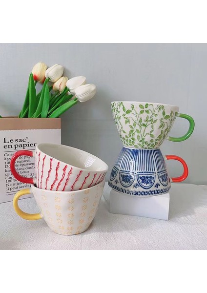 Stil 3 300-400 ml Japon Kupa Geniş Ağızlı Saplı El Boyalı Geometrik Seramik El Yapımı Düzensiz Bardak Süt Çay Yulaf Ezmesi Kahve Kupa (Yurt Dışından)