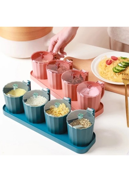 Pembe 4 Izgaraları Mutfak Baharat Kutuları Set Biber Tuz Şeker Baharat Kavanoz Kapaklı Kaşık Şişe Baharat Şişe Kavanoz Mutfak Aksesuarları (Yurt Dışından) fırsatları