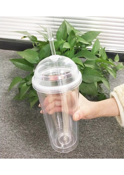 Düz Kapaklı 20OZ 20OZ Kubbe Kapaklı Süt Bardağı Çift Duvar Plastik Pipetli Içecek Bardakları Yeniden Kullanılabilir Temiz Su Şişesi Şeffaf Meyve Bardağı (Yurt Dışından)