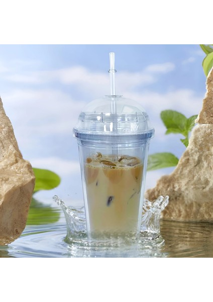 Düz Kapaklı 20OZ 20OZ Kubbe Kapaklı Süt Bardağı Çift Duvar Plastik Pipetli Içecek Bardakları Yeniden Kullanılabilir Temiz Su Şişesi Şeffaf Meyve Bardağı (Yurt Dışından)