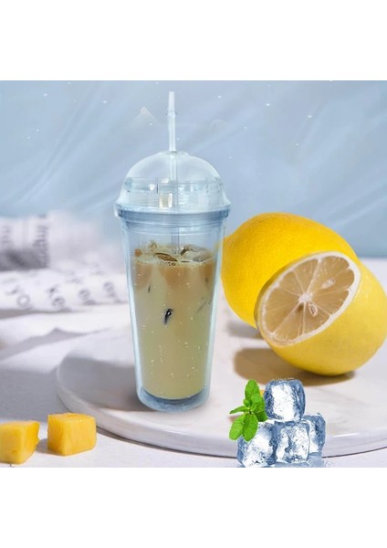 Düz Kapaklı 20OZ 20OZ Kubbe Kapaklı Süt Bardağı Çift Duvar Plastik Pipetli Içecek Bardakları Yeniden Kullanılabilir Temiz Su Şişesi Şeffaf Meyve Bardağı (Yurt Dışından)