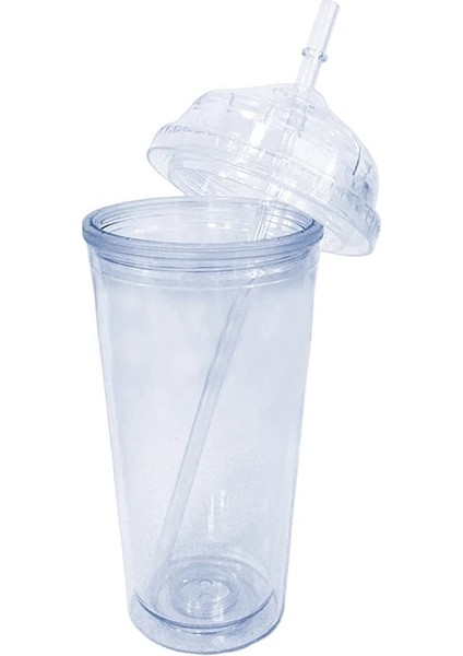 Düz Kapaklı 20OZ 20OZ Kubbe Kapaklı Süt Bardağı Çift Duvar Plastik Pipetli Içecek Bardakları Yeniden Kullanılabilir Temiz Su Şişesi Şeffaf Meyve Bardağı (Yurt Dışından)