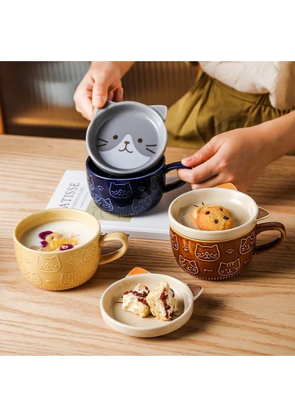 E Japon Sevimli Kedi Kapaklı Kupa Seramik Hayvan Bardaklar Kahve Çay Süt Suyu Drinkware Anne Kız Arkadaşı Için Zarif Hediye Kedi Sevgilisi (Yurt Dışından)