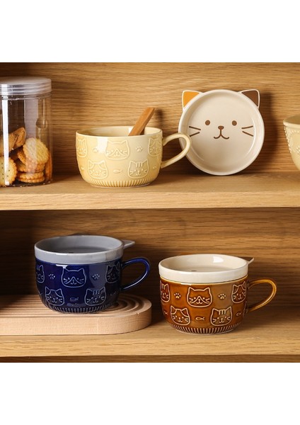E Japon Sevimli Kedi Kapaklı Kupa Seramik Hayvan Bardaklar Kahve Çay Süt Suyu Drinkware Anne Kız Arkadaşı Için Zarif Hediye Kedi Sevgilisi (Yurt Dışından)