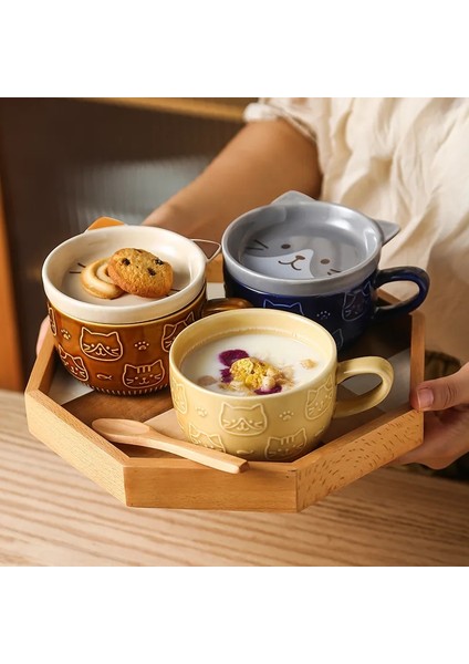 E Japon Sevimli Kedi Kapaklı Kupa Seramik Hayvan Bardaklar Kahve Çay Süt Suyu Drinkware Anne Kız Arkadaşı Için Zarif Hediye Kedi Sevgilisi (Yurt Dışından)