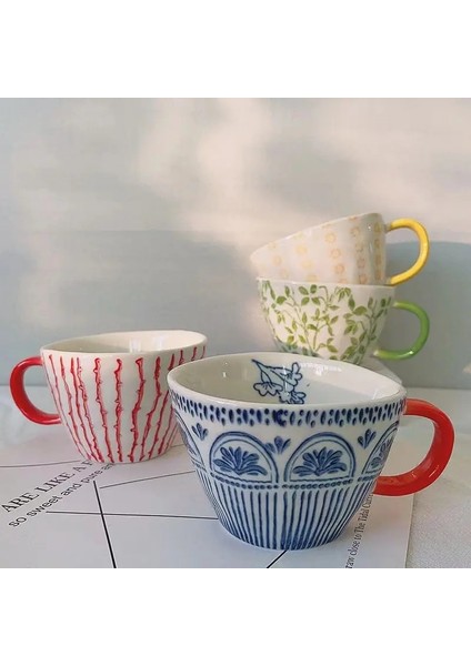 Stil 3 300-400 ml Japon Kupa Geniş Ağızlı Saplı El Boyalı Geometrik Seramik El Yapımı Düzensiz Bardak Süt Çay Yulaf Ezmesi Kahve Kupa (Yurt Dışından)
