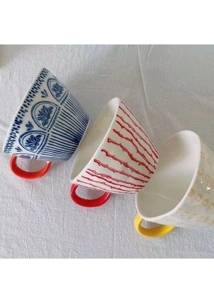Stil 3 300-400 ml Japon Kupa Geniş Ağızlı Saplı El Boyalı Geometrik Seramik El Yapımı Düzensiz Bardak Süt Çay Yulaf Ezmesi Kahve Kupa (Yurt Dışından)