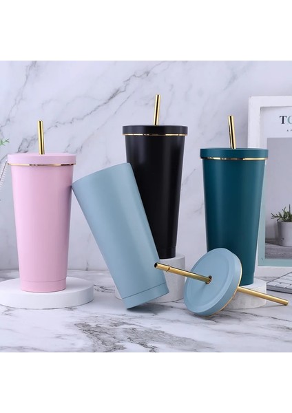 Normal Mavi 750ML 500/750ML Yalıtımlı Paslanmaz Çelik Bardak Kapaklı Bardak Saman Vakum Seyahat Kahve Kupa Sıcak Soğuk Içecekler Için Yeniden Kullanılabilir Su Şişesi (Yurt Dışından)