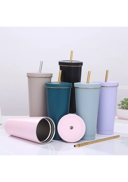 Normal Mavi 750ML 500/750ML Yalıtımlı Paslanmaz Çelik Bardak Kapaklı Bardak Saman Vakum Seyahat Kahve Kupa Sıcak Soğuk Içecekler Için Yeniden Kullanılabilir Su Şişesi (Yurt Dışından)