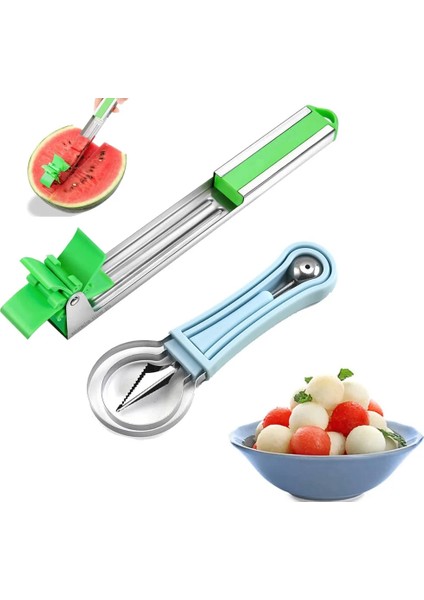 2 In 1 Takım Yeşil Karpuz Dilimleme Kesici Paslanmaz Çelik Fırıldak Tasarım Kesim Meyve Baller Kepçe Meyve Scooper Salata Meyve Dilimleme Kesici Aracı (Yurt Dışından) fiyatları