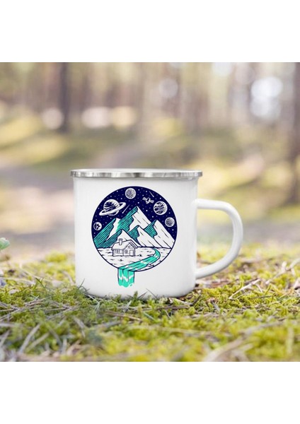 UXH213822-A015WH-8 360 ml Ay Güneş Dağlar Baskı Kupalar Kamp Emaye Kupa Macera Kamp Ateşi Parti Bira Kahve Fincanı Dağ Kolu Bardaklar Camper Için Hediyeler (Yurt Dışından)