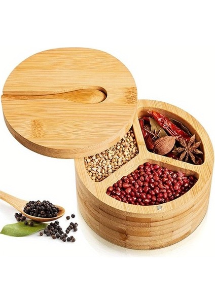 A-3 Bambu Baharat Kutusu Kaşık Döner Kapaklı Baharat Kutusu Baharat Kabı Şeker Tuz Biber Kavanoz Çeşniler Piknik Gadget (Yurt Dışından)