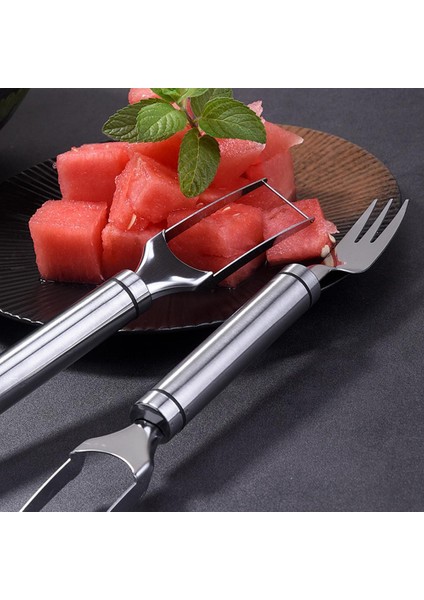 Gümüş Karpuz Çatal Dilimleme 2'si 1 Arada Salata Kavun Kesici Yeniden Kullanılabilir Paslanmaz Çelik Hızla Güvenli Kavun Meyve Kesici Dilimleme Mutfak Gadget (Yurt Dışından)