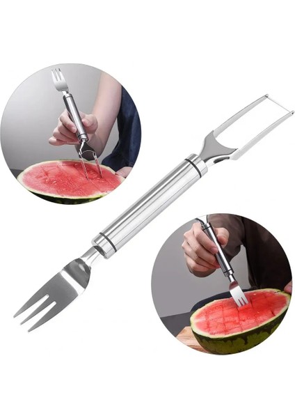 Gümüş Karpuz Çatal Dilimleme 2'si 1 Arada Salata Kavun Kesici Yeniden Kullanılabilir Paslanmaz Çelik Hızla Güvenli Kavun Meyve Kesici Dilimleme Mutfak Gadget (Yurt Dışından) indirimleri