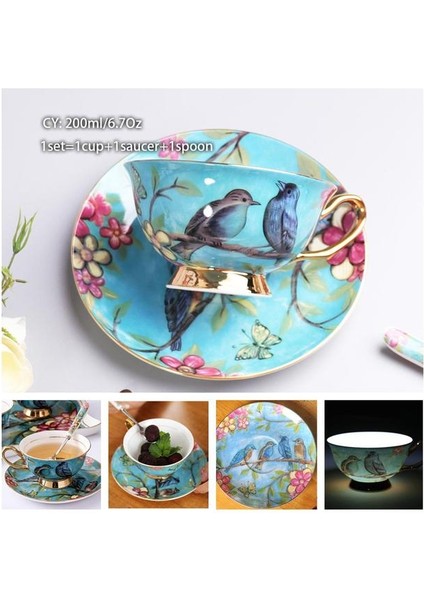 Mavi Kuşlar 200 ml Avrupa Asil Kemik Çini Kahve Fincanı Tabağı Kaşık Seti 200 ml Lüks Seramik Kupa Üst Sınıf Porselen Çay Bardağı Cafe Parti Drinkware (Yurt Dışından)