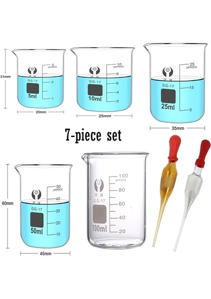 7 Parçalı Set 50ML- 500ML Borosilikat Cam Düşük Formlu Beher, 30ML Cam Damlalıklı Kimya Laboratuvarı Ağır Duvar (Yurt Dışından)