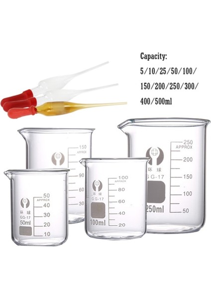 7 Parçalı Set 50ML- 500ML Borosilikat Cam Düşük Formlu Beher, 30ML Cam Damlalıklı Kimya Laboratuvarı Ağır Duvar (Yurt Dışından)