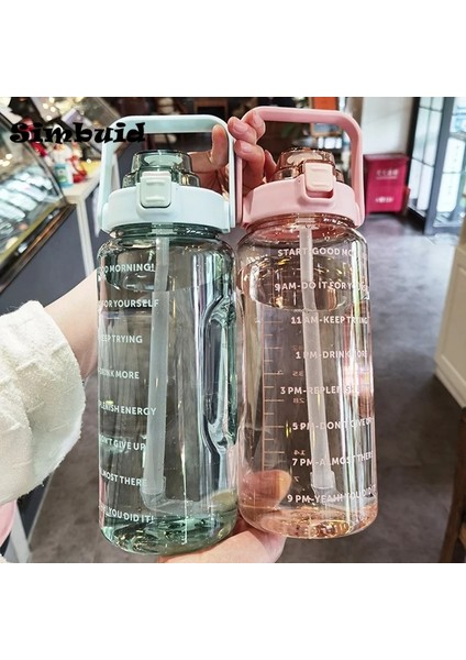 Yeşil 2l 64OZ 2 Litre Su Pipetli Şişe Kadın Kızlar Büyük Taşınabilir Seyahat Şişeleri Spor Fitness Fincan Yaz Soğuk Su Zaman Ölçeği ile (Yurt Dışından)
