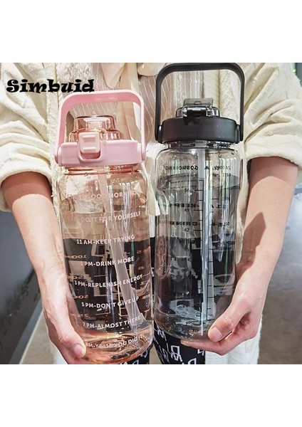 Yeşil 2l 64OZ 2 Litre Su Pipetli Şişe Kadın Kızlar Büyük Taşınabilir Seyahat Şişeleri Spor Fitness Fincan Yaz Soğuk Su Zaman Ölçeği ile (Yurt Dışından)