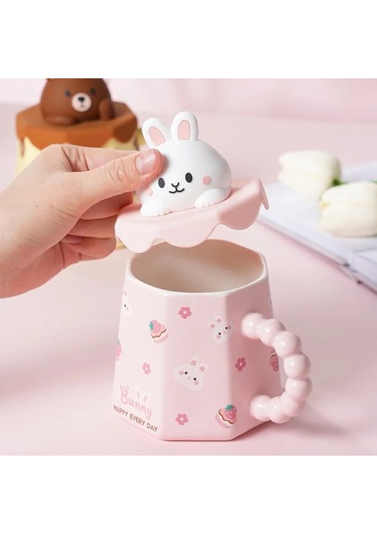 Model 4 301-400 ml Sevimli Karikatür Seramik Kapaklı Kupa Kahve Kahvaltı Süt Kupa Ev Hediye Kupa (Yurt Dışından)