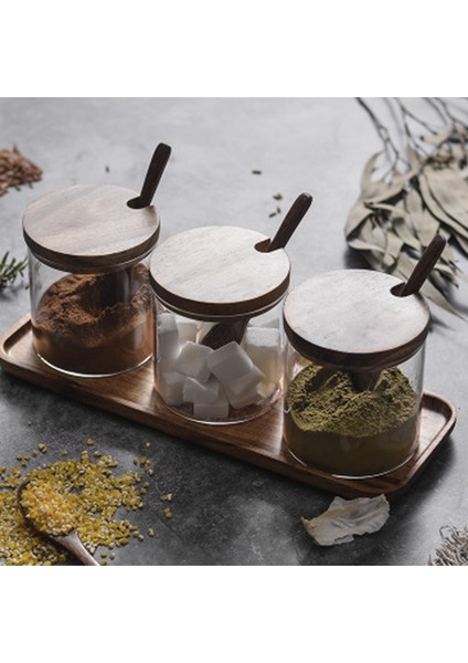 B Şeffaf Cam Baharat Kavanoz Baharat Kutu Seti Üç Parçalı Yaratıcı Mutfak Ahşap Tuzluk Şekerlik Kaşık Tabanı ile (Yurt Dışından) fiyatları