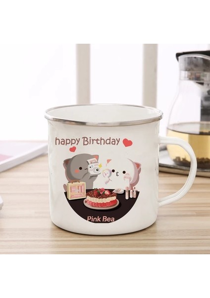 14 Kupa Yeni Şeftali ve Goma Kedi Emaye Kahve Çay Bardağı Sevimli Hayvan Kahvaltı Tatlı Süt Su Bardağı Çift Hediye Orijinal Kahvaltı Bardakları (Yurt Dışından)