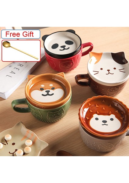 20 cm Tahta Kaşık 300-450 ml Seramik Sevimli Kedi Fincan Shiba Inu Kahve Fincanları Kapaklı Kupa Kişilik Hediye Ev Karikatür Kawaii Çocuk Kahvaltı Yulaf Sütü Kupalar (Yurt Dışından)