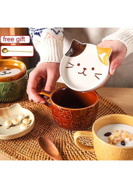 20 cm Tahta Kaşık 300-450 ml Seramik Sevimli Kedi Fincan Shiba Inu Kahve Fincanları Kapaklı Kupa Kişilik Hediye Ev Karikatür Kawaii Çocuk Kahvaltı Yulaf Sütü Kupalar (Yurt Dışından)