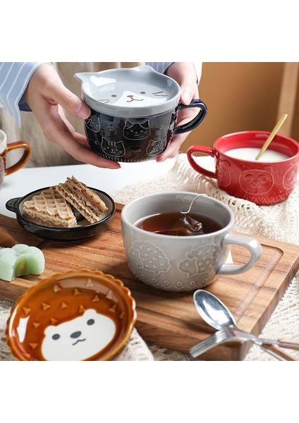 20 cm Tahta Kaşık 300-450 ml Seramik Sevimli Kedi Fincan Shiba Inu Kahve Fincanları Kapaklı Kupa Kişilik Hediye Ev Karikatür Kawaii Çocuk Kahvaltı Yulaf Sütü Kupalar (Yurt Dışından)