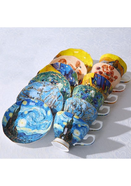 B Tipi Van Gogh Sanat Resim Kahve Fincanı Kupa Çay Kaşıklı Kupalar Tabak Yıldızlı Gece, Ayçiçekleri, Ekici, Süsen Saint-Remy Noel Hediyesi (Yurt Dışından) fiyatları