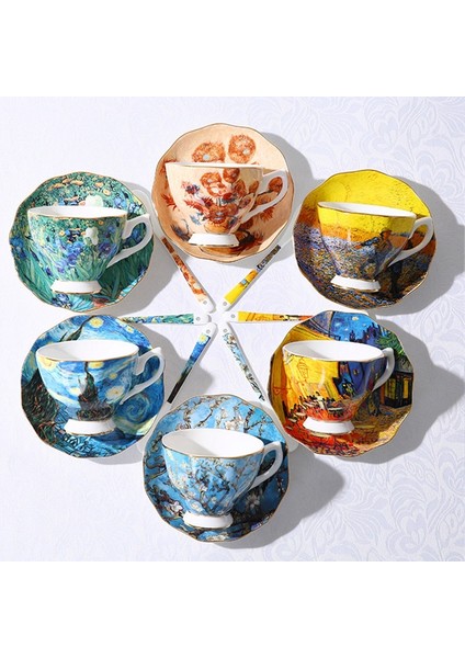 B Tipi Van Gogh Sanat Resim Kahve Fincanı Kupa Çay Kaşıklı Kupalar Tabak Yıldızlı Gece, Ayçiçekleri, Ekici, Süsen Saint-Remy Noel Hediyesi (Yurt Dışından) modelleri