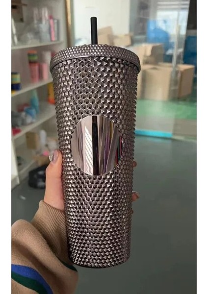 Kaplama Siyah 710ML - No Logo Mat Kaplama Çift Duvar Kendin Yap 700ML 710ML 22OZ 24OZ Plastik Elmas Bardak Pipetli Pipetli Bardak Starbks Logosu Yok (Yurt Dışından)