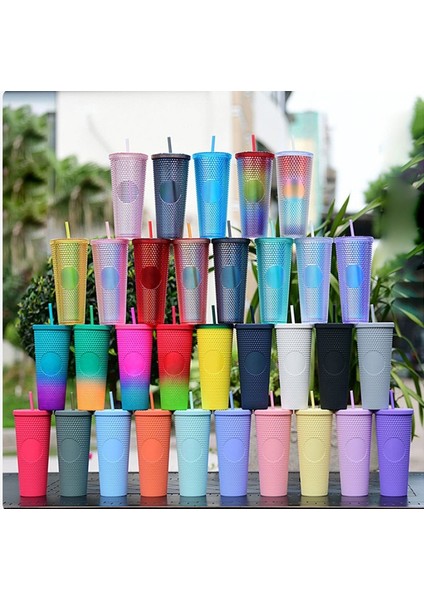 Kaplama Siyah 710ML - No Logo Mat Kaplama Çift Duvar Kendin Yap 700ML 710ML 22OZ 24OZ Plastik Elmas Bardak Pipetli Pipetli Bardak Starbks Logosu Yok (Yurt Dışından)