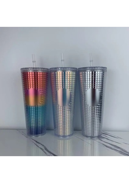 07 710ML 710ML Elmas Radyant Tanrıça Mısır Izgara Çivili Bardak Çift Duvar Plastik Kahve Kupa Bardak Saman ve Kapaklı (Yurt Dışından)
