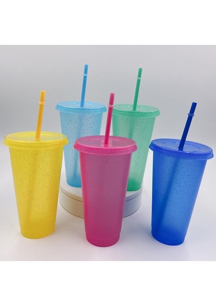 Sarı 480 ml Payetli Glitter Saman Bardak Yeniden Kullanılabilir Gıda Sınıfı Hasır Kapaklı Kupalar Plastik Tumbler Mat Kahve Suyu Süt Çay Içme Şişesi (Yurt Dışından)