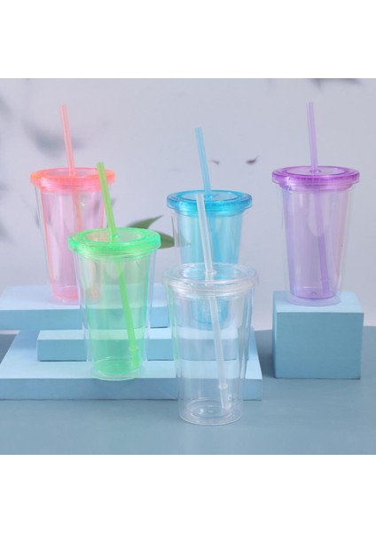 Yeşil 450ML Sevimli Su Şişesi Kahve Suyu Süt-Çay Kawaii Plastik Soğuk Bardaklar Kapaklı Saman Taşınabilir Yeniden Kullanılabilir Içme Suyu Şişesi (Yurt Dışından)