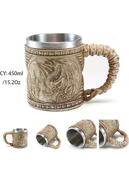 Fosil Ejderha Retro Ejderha Reçine Paslanmaz Çelik Bira Kupa Kafatası Şövalye Tankard Cadılar Bayramı Kahve Fincanı Yaratıcı Viking Çay Kupa Pub Bar Dekorasyon (Yurt Dışından)