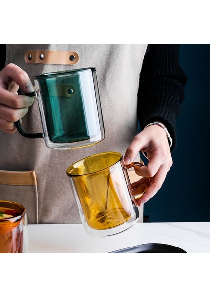 350 ml Renkli Cam Çift Alt Kulplu Kupa Ev Kahve Fincanı Kahvaltı Süt Yulaf Ezmesi Çift Duvar Anti-Haşlanma Güzel Çay Kupaları (Yurt Dışından) fiyatları