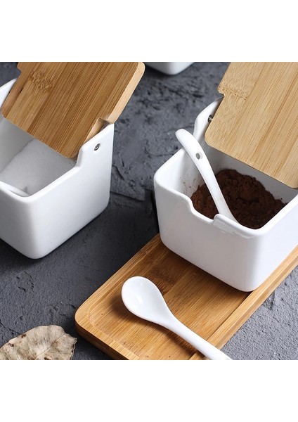 Stil A Seramik Baharat Aracı Tuz Baharat Kavanoz Seti Baharat Saklama Kabı Kaşık Porselen Şişe ve Bambu Kapaklı Mutfak Aletleri (Yurt Dışından)