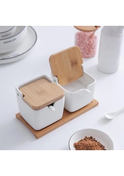 Stil A Seramik Baharat Aracı Tuz Baharat Kavanoz Seti Baharat Saklama Kabı Kaşık Porselen Şişe ve Bambu Kapaklı Mutfak Aletleri (Yurt Dışından)