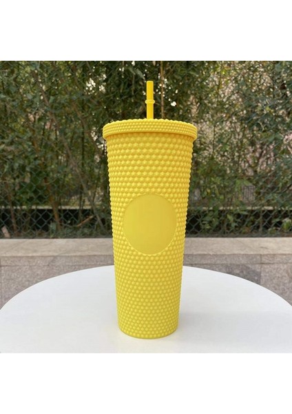 Sarı 710ML - No Logo Mat Kaplama Çift Duvar Kendin Yap 700ML 710ML 22OZ 24OZ Plastik Elmas Bardak Pipetli Pipetli Bardak Starbks Logosu Yok (Yurt Dışından)
