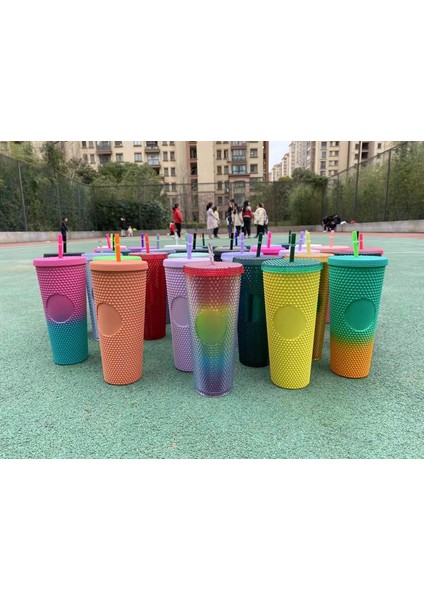 Sarı 710ML - No Logo Mat Kaplama Çift Duvar Kendin Yap 700ML 710ML 22OZ 24OZ Plastik Elmas Bardak Pipetli Pipetli Bardak Starbks Logosu Yok (Yurt Dışından)