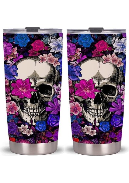 12 20OZ Kafatası Çiçek Sanat Tumbler Kapaklı Bardak, Paslanmaz Çelik Çift Duvar Vakum Termos Yalıtımlı Seyahat Kahve Kupa Gençler Için Hediye (Yurt Dışından)