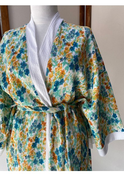 Krinkıl Kumaş Renkli Çiçekli Uzun Kimono Tokalı Set