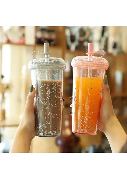 GREEN-520ML Obelix Sevimli Yıldız Glitter Şeffaf Saman Kapaklı Bardak Kahve Fincanları Yaz Soğuk Su Yeniden Kullanılabilir Bardak Plastik Tumbler Sippy Kupalar (Yurt Dışından)